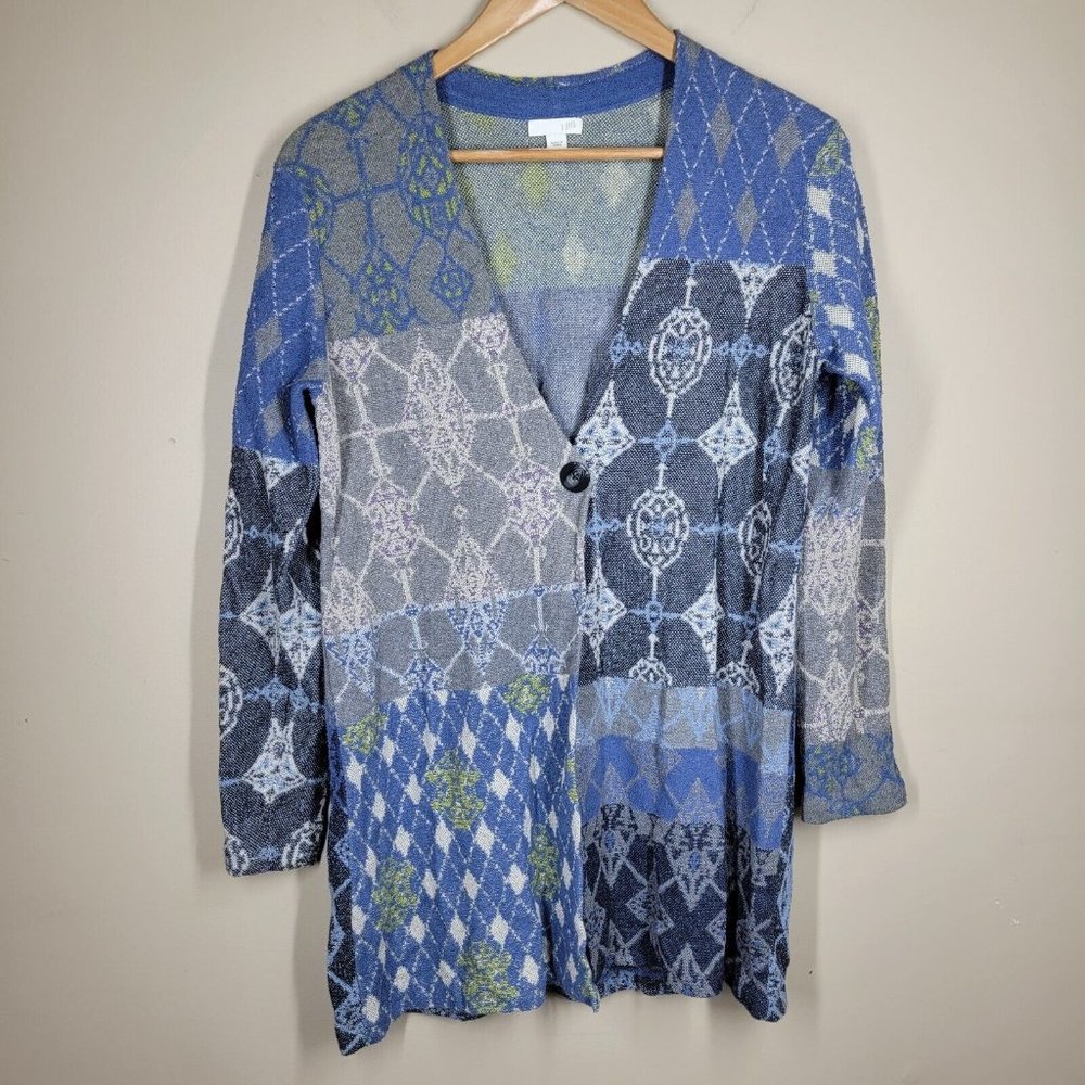 J. Jill Patchwork Mixed Pattern Blue Knit Cardgia… - image 1